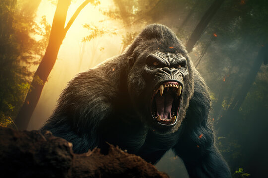 Image of an angry gorilla in the forest, Wildlife Animals., Generative AI, Illustration.