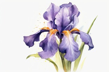 Watercolor purple iris flowers with green leaves on a white background