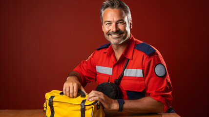 A tireless male paramedic in uniform holding a first aid kit against a red background - obrazy, fototapety, plakaty