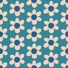Aesthetic Contemporary printable retro groovy flowers seamless pattern. Decorative Hippie Naive 60's, 70's style Vintage boho background in minimalist style for fabric, wallpaper or wrapping