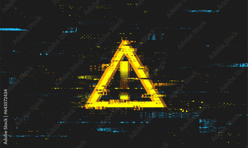 Aufkleber glitched danger sign. abstract noise shape, error signal, television technical problem. vector illus