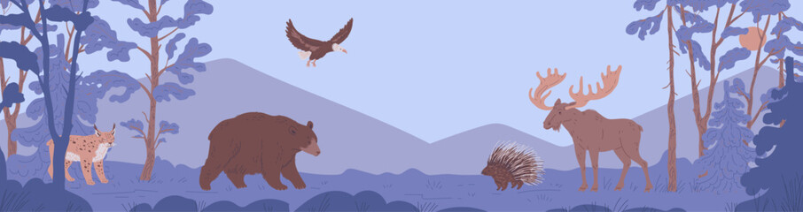 North America animals vector nature landscape, Moose, Bear, Bald eagle, Lynx and Porcupine wild forest animals in forest