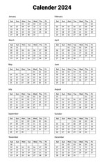 Calender Format Vector Of 2024-English Calender Layout 