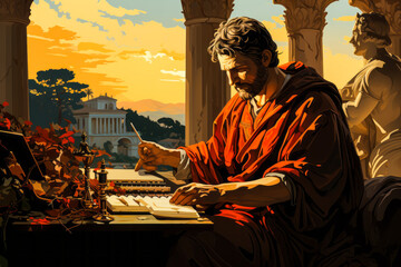 Inspirational Roman senator, cloaked in a toga and deep in contemplation at his scroll-laden desk. Perfect for illustrating themes of wisdom, leadership and ancient Rome culture.