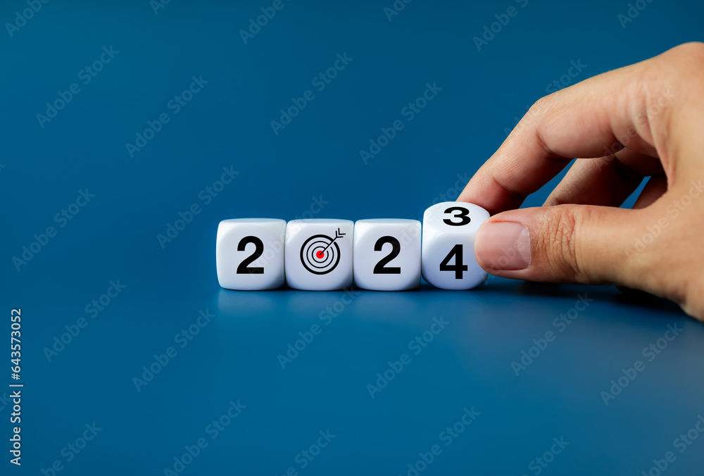 Aufkleber 2024 new year business goal and trend concepts. end of 2023 to begin 2024 year numbers calendar with