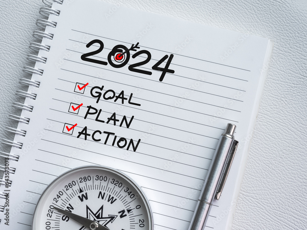 Poster goals, action and plan, resolution concept in new year 2024. words, checklist icon and compass on wh