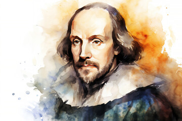 William Shakespeare watercolour painting of the famous English Elizabethan playwright and bard from Stratford Upon Avon born in the 16th century, computer Generative AI stock illustration image