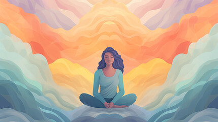 Obraz na płótnie Canvas Illustration of a woman performs meditation in pastel comic style. Concept of gentleness, understanding, self-love in the image, self-compassion. Digital illustration generative AI.