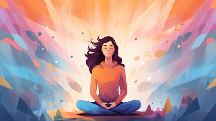 Illustration of a woman performs meditation in pastel comic style. Concept of gentleness, understanding, self-love in the image, self-compassion. Digital illustration generative AI.