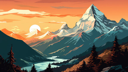 Landscape with mount everest during sunset in comic style, which can be used as background or wallpaper. Digital illustration generative AI. - obrazy, fototapety, plakaty