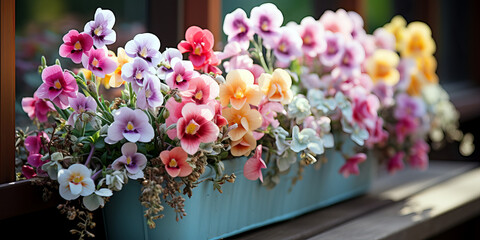 gray plastic planter overflowing with blooming freesias flowers on a balcony - obrazy, fototapety, plakaty