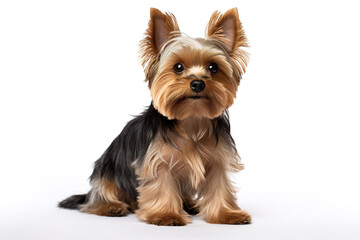 Full body photo of an adorable yorkshire terrier dog isolated on white background. Digital illustration generative AI.
