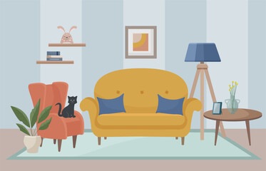 Living room interior with yellow sofa, floor lamp, painting, armchair, houseplant. A black kitten sits on a armchair. Living room. Home furniture. Vector illustration in flat style.