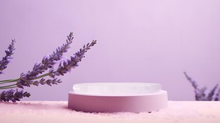 Obraz na płótnie Canvas Podium, stand, platform with lavender flowers and crystals of sea salt on pastel purple background. Mock up for the exhibitions,presentation of products, therapy, relaxation and health, AI Generated