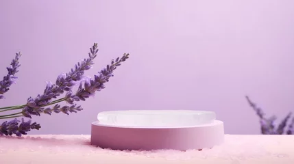 Poster Podium, stand, platform with lavender flowers and crystals of sea salt on pastel purple background. Mock up for the exhibitions,presentation of products, therapy, relaxation and health, AI Generated © Lucky Ai