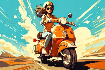 Vibrant illustration of a carefree young girl on a vintage scooter, her hair flowing in the wind, set against a solid color background.