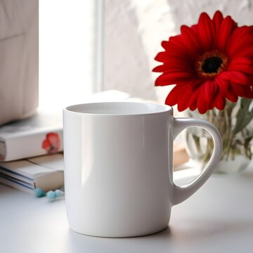 White plain blank mug cup 11oz mockup product photography background, Valentine Day themed red roses and flowers, product background
