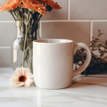 White plain blank mug cup 11oz mockup product photography background, Valentine Day themed flowers, product background