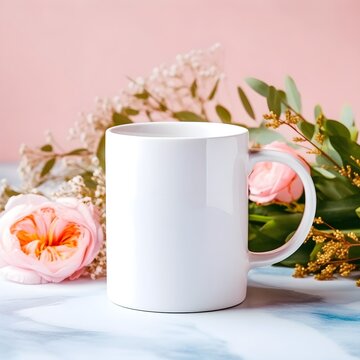 White plain blank mug cup 11oz mockup product photography background, Valentine Day themed flowers, product background