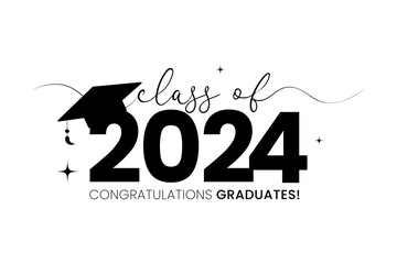 Seniors Class Of 2024 T Shirt Design Vector. Class of 2024, word lettering script banner. Congrats Graduation lettering with academic cap isolated in hite Background.