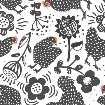 Seamless background of doodle hand drawn flowers, roosters, and hens. Vector illustration