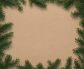 Background image of rough crumpled recycled textured kraft paper with Christmas tree branches.