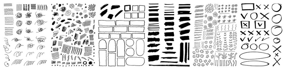 Vector scribble pen doodle hand drawn underlines, check boxes, arrows, kids flowers. Grunge sketch tick boxes, cross marks, highlights, lines, rectangles, circles and arches. Isolated texture elements - 643575692