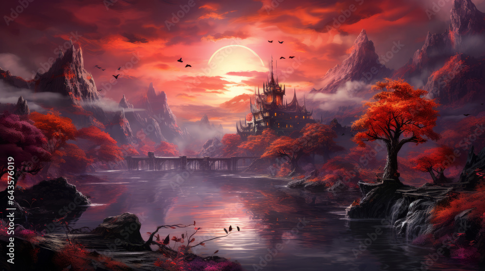 Wall mural fantasy landscape at sunset with castle by a river surrounded by mountains and red trees