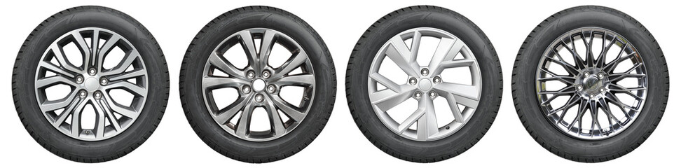 Collection of Car tires with alurim rims on free On isolated transparent PNG background. © Igor Link