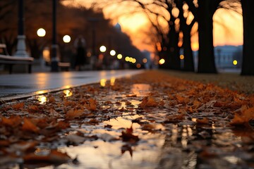 A scenic background image for creative content, capturing the essence of November in fall, with fallen leaves lining the road during a serene sunset. Photorealistic illustration, Generative AI