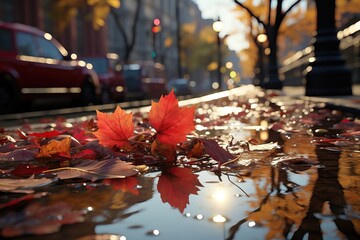 A picturesque background image, showcasing the beauty of November in the fall, with fallen leaves scattered on the wet street after a refreshing rain. Photorealistic illustration, Generative AI