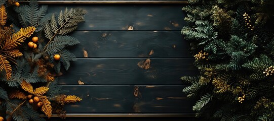 A versatile background featuring fall vibes with fir branches arranged on a black wood panels, leaving the center space for your customization. Photorealistic illustration, Generative AI