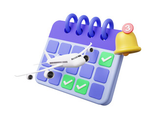 Leisure touring flight travel holiday summer concept. notification bell calendar appointment schedule suitcase with passport tourism trip planning world tour. 3d rendering illustration