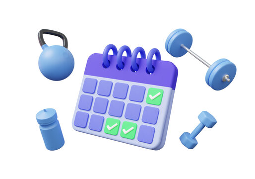 Calendar icon planning icon healthy concept. Set fitness exercise tool sport on isolated background. equipment with dumbbell, yoga mat, mineral water, health care, minimal cartoon. 3d render elements