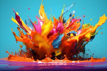 Colorful paint splash. Rainbow splash wave design element on the blue background, created with Generative AI technology
