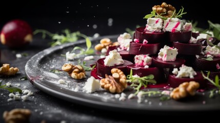 Naklejka premium a beetroot salad, topped with goat cheese and walnuts