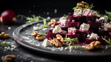 a beetroot salad, topped with goat cheese and walnuts