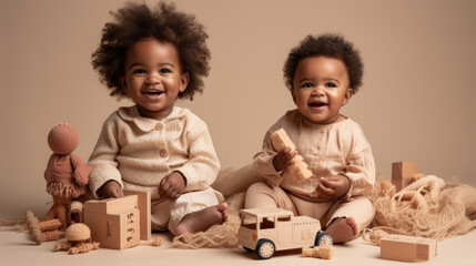 Joyful afro kids having fun with toys in the studio. Generative AI