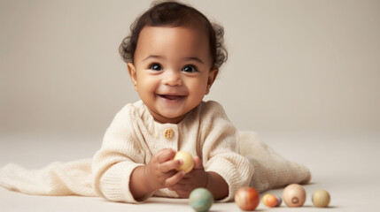 Smiling afro infant enjoys a playful toy session. Generative AI
