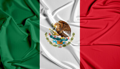 Mexico official national flag of silk fabric texture. Waving Fabric Flag of Mexico