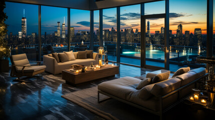 Fototapeta na wymiar Stunning private penthouse suite with rooftop pool overlooking iconic New York City skyline. Embodies luxury, elegance and urban sophistication, an opulent vacation destination.