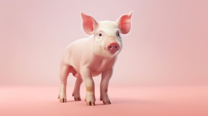 A cute little pig standing on a pink surface