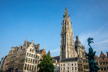 Fototapeta na wymiar Heritage buildings and cathedral spire, Antwerp, Belgium.