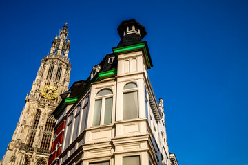 Building and cathedral in Antwerp city center, Belgium.