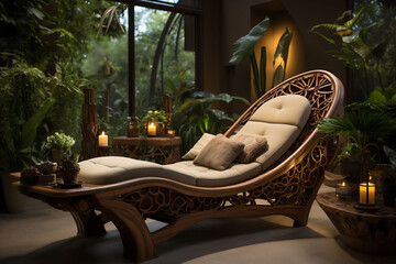 Asian tropical style psychotherapist's office interior, massage and pedicure chair.