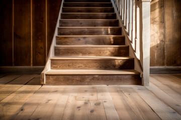 Front view of old wooden staircase with handrails and balusters © graja