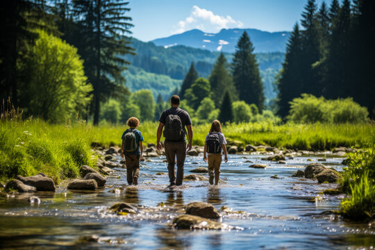 Idyllic family adventure, hiking amidst Jura mountains' stunning waterfalls in France, capturing the tranquility and beauty of nature.