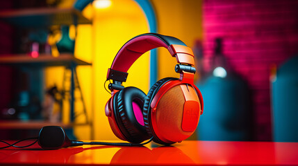 A pair of orange headphones stands upright on a shiny orange desk. The headphones and desk share the same vibrant hue, creating a uniform look. Generative AI