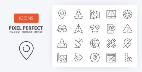 Fotobehang Lengtemeter Set of thin line icons about navigation and location. Outline symbol collection 2/2. Editable vector stroke. 256x256 Pixel Perfect scalable to 128px, 64px...