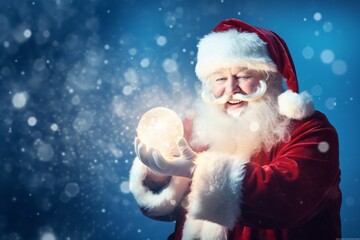Happy Santa Claus opening christmas gift box over snowy blue background with copy space space. ai generated